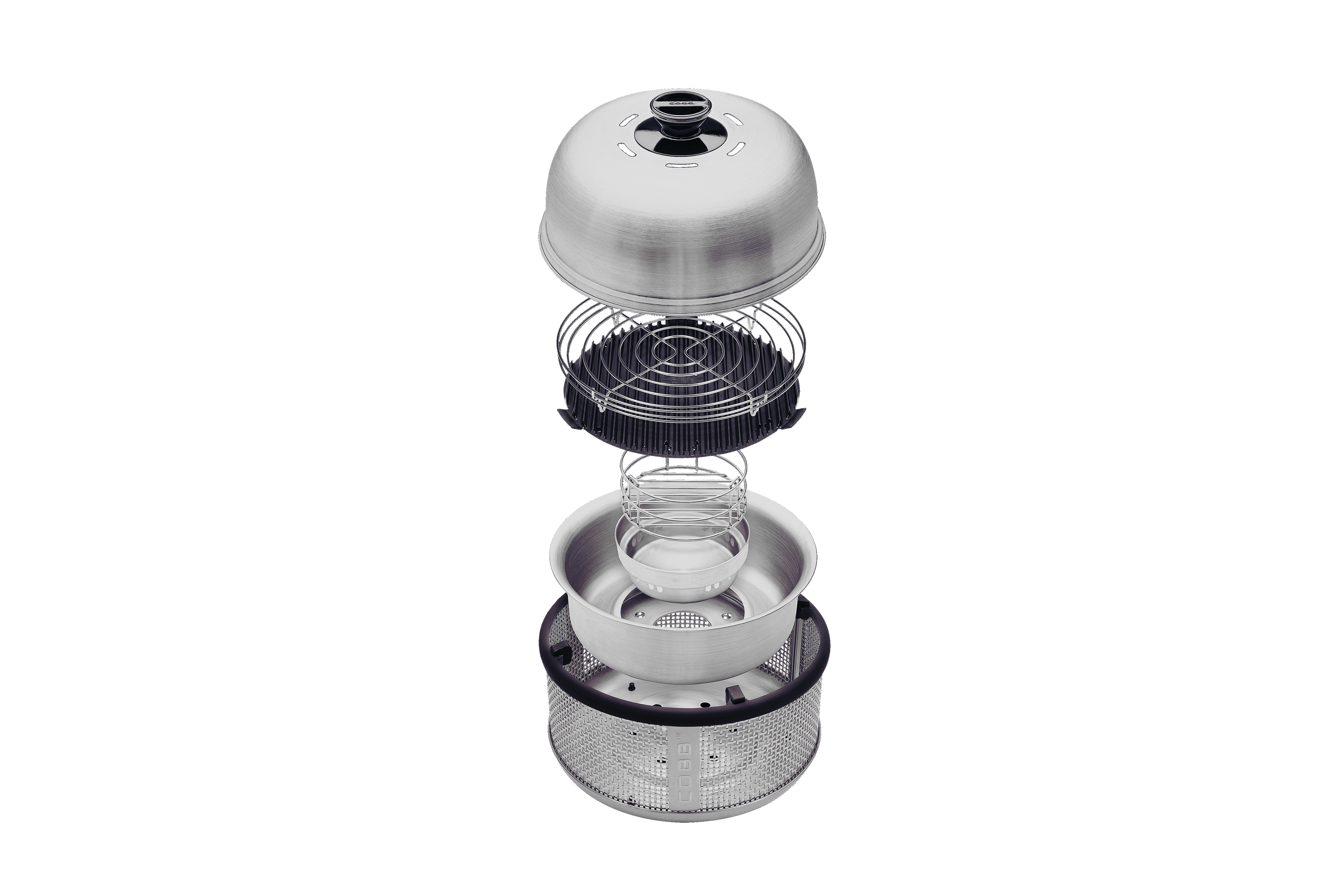 COBB Premier (+plus) con base estilo reja de acero inoxidable, parrilla grill y rack para rostizar